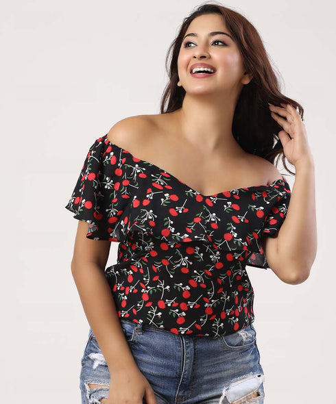 Off-Shoulder Frilled Printed Casual Top